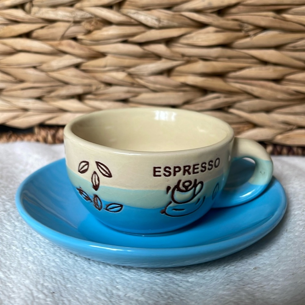 Espresso Cup and Saucer Blue and Tan Holds 2.67 ounces
